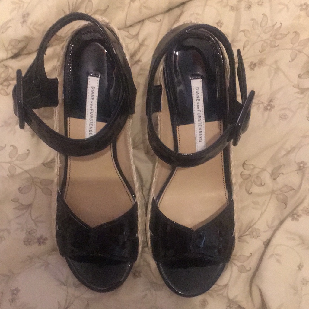 Diane Von Furstenberg Sudan Black Leather Espadrille Wedge Sandals